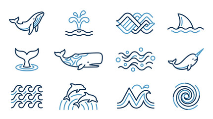 Corporate Minimalist Line Art Icons Set Featuring Whales Dolphins Narwhals Water Elements in Blue and Black © maman