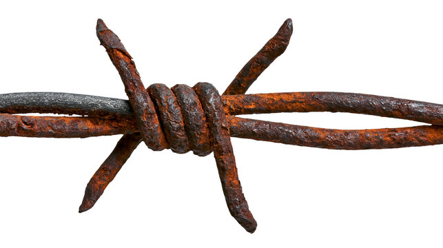 Rusty barbed wire with sharp points, isolated on transparent background