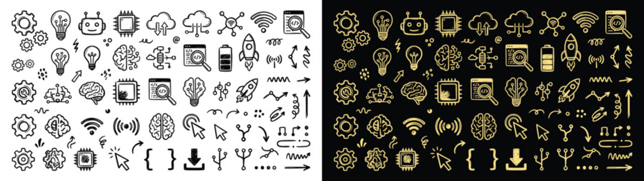 Handdrawn technology and artificial intelligence doodle icons set
