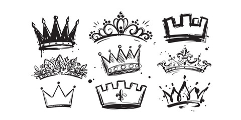 Set of hand drawn sketch crowns for royalty and king queen symbols in black ink style ©  creative  marlia