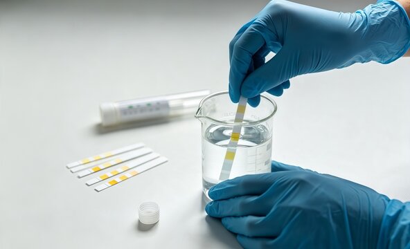 Laboratory worker tests clear water acidity with a pH strip during a scientific quality control procedure.