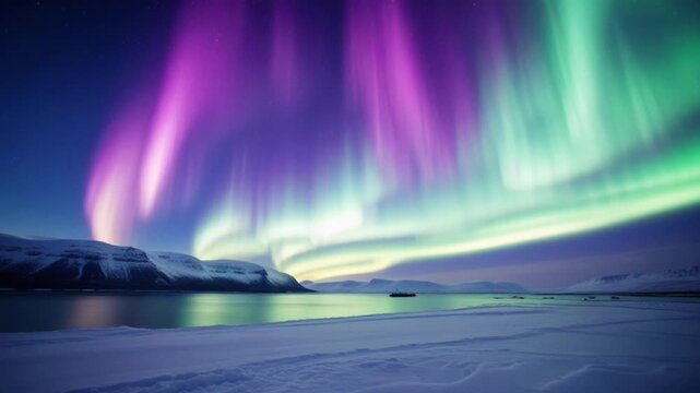 A beautiful view of the aurora borealis (Northern Lights) over a snowy Arctic landscape.