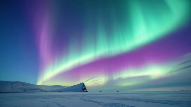 Shimmering curtains of steady green and vibrant purple light illuminate the star-filled night sky, blending beautifully with the silhouettes of distant ice-capped mountains.