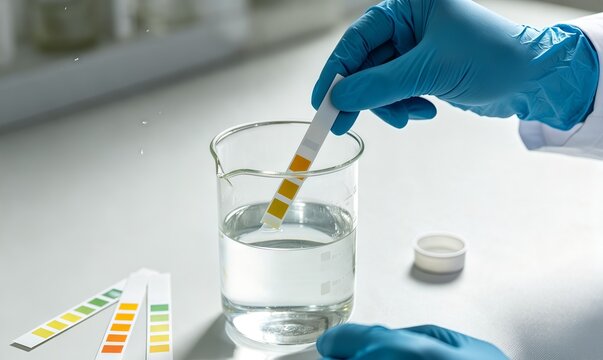 Clear water sample undergoes pH testing with a chemical test strip on a clean laboratory surface.