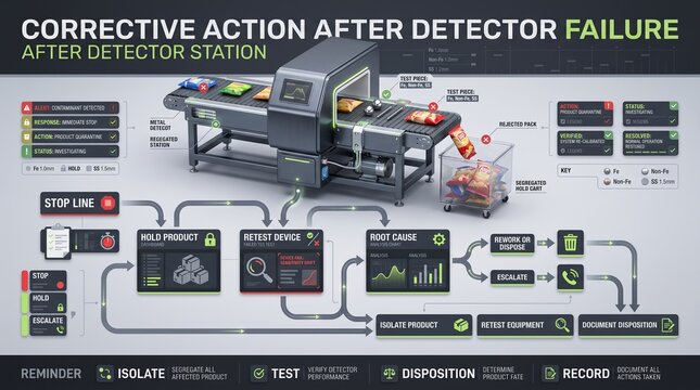 HACCP infographic showing corrective action steps after a failed metal detector check