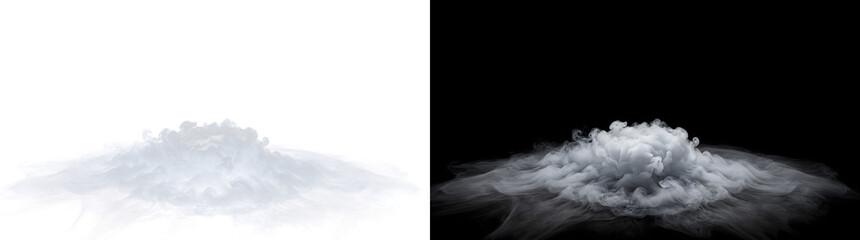 Fototapeta premium Smoke mound rising into a rounded centerpiece with curling peaks tapering to thin edges, for product staging, in PNG Transparent and Black Background Versions