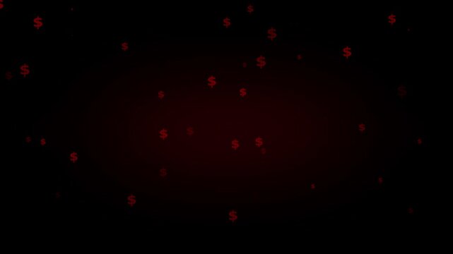 Dollar signs animation scatters currency symbols across a dark gradient. Financial wealth accumulation prosperity builds around dollar signs. Returns reflect on dollar signs.