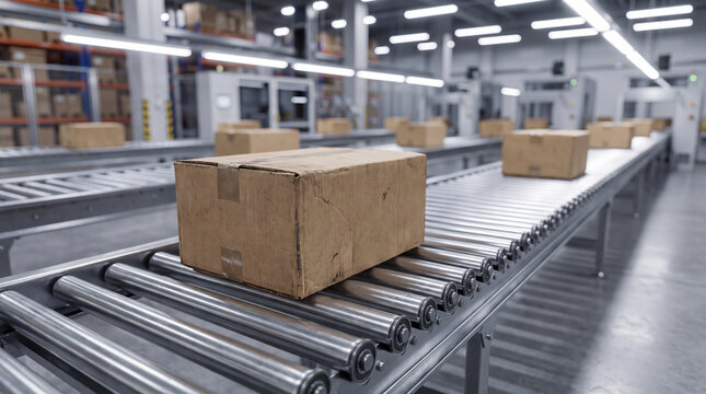 Cardboard parcel box moving on industrial conveyor belt system in busy warehouse facility creates an efficient and productive feeling