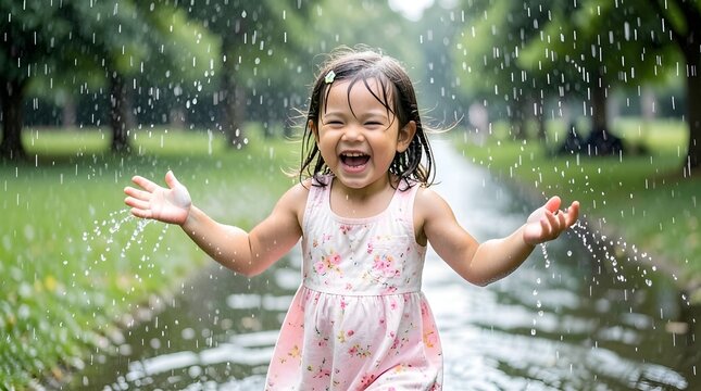 Happy Little Girl Having Fun Playing in the Rain Outdoors.