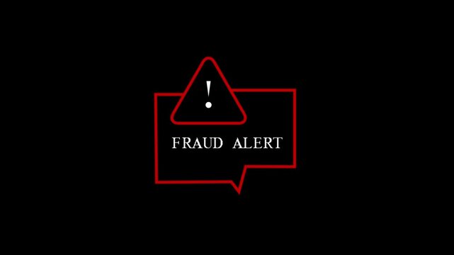 Fraud alert animation displays an exclamation box on pitch black space. Critical cyber security threat warnings trigger on fraud alert animation. Caution displays on alert.