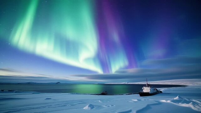 A breathtaking view of the Aurora Borealis (Northern Lights) dancing across the Arctic night sky. 