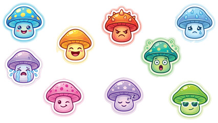 Fototapeta premium Cute Kawaii Mushroom Sticker Set with Various Emotional Expressions and Vibrant Colors