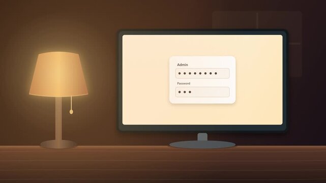 Minimalist home office desk setup with a computer monitor showing a login form and a warm glowing desk lamp.