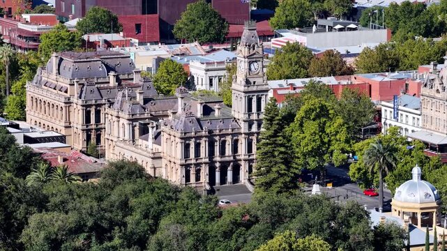 Bendigo city Rosalind park trees around historic buildings courthouse town hall in Australia.