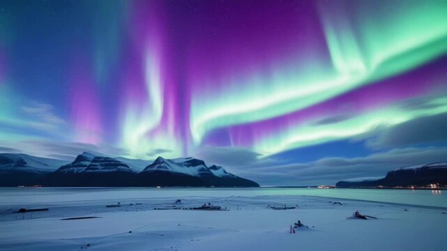 The phenomenal natural beauty of the Aurora Borealis (Northern Lights)&mdash;featuring brilliant purple and green hues dancing across the night sky&mdash;is set against a breathtaking Arctic landscape.