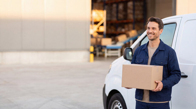 Smiling courier person holding parcel by white transport van outside warehouse, happy delivery worker standing with cardboard box