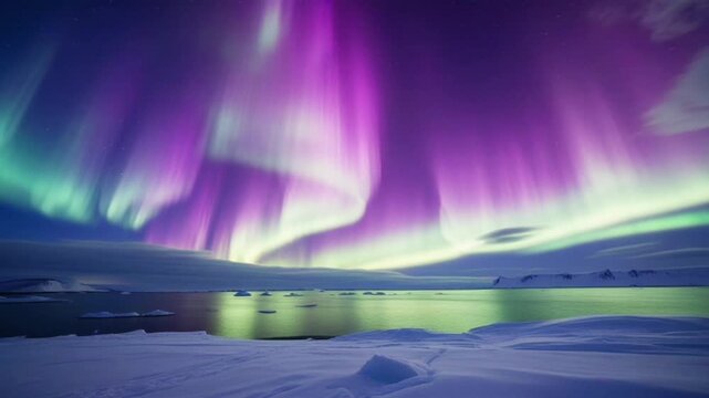 The scene stretches over a landscape of eternal snow, icy mountains, and calm waters that perfectly reflect the beauty of the Arctic light.