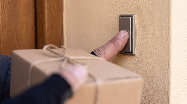 Person pressing doorbell button for courier package delivery with anxious expression holding box near house door waiting for reply