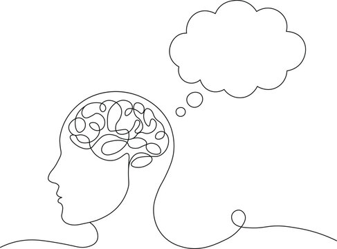 Continuous line art of a human profile with a complex brain and a thought bubble, symbolizing thinking, ideas, and psychology.