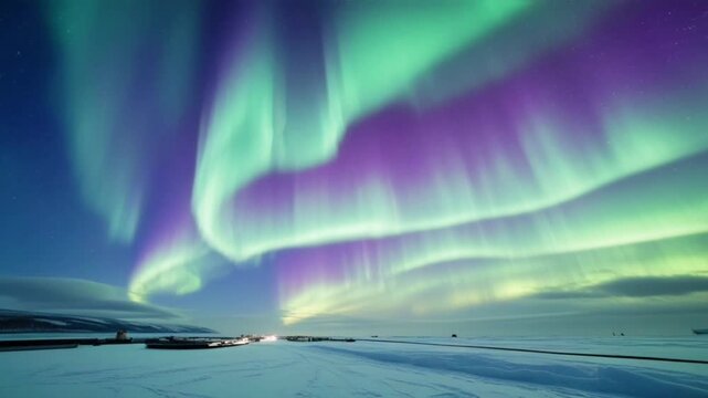 A spectacular view of the aurora borealis phenomenon over a snowy landscape. Light-green and purple auroral lights dance and stretch beautifully across the night sky.