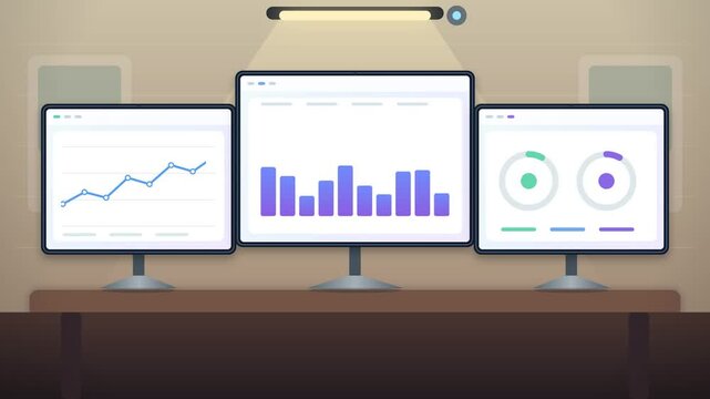 Modern office desk setup with three computer monitors displaying business charts and financial data analytics.