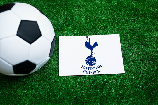 A soccer ball and the official logo of the English Premier League team Tottenham. Minsk, Belarus, September 26, 2026.