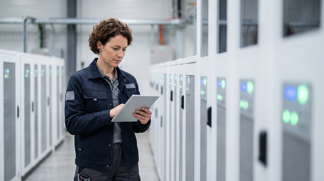 Professional female technician reviewing digital tablet data focus centered in server room environment for industrial quality control