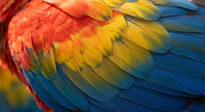 Close up of vibrant scarlet macaw parrot feathers with colorful texture
