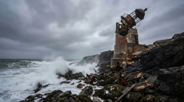 Stormy sea with powerful waves crashing on a rugged coastline featuring a ruined, dilapidated lighthouse under a dramatic, dark sky.
