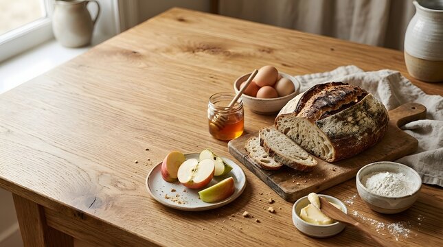 A beautiful natural oak wooden table background featuring a rustic breakfast setting with fresh bread honey and sliced apples