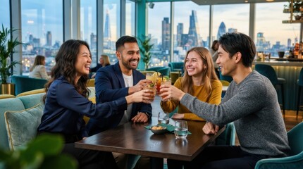 Obraz premium Cityscape Cheers: A group of friends enjoys a toast with colorful cocktails at a stylish rooftop bar, overlooking a breathtaking cityscape at dusk. The atmosphere is convivial and celebratory.