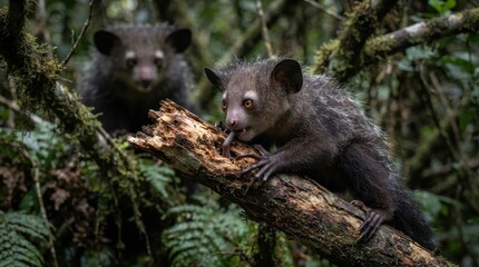 Obraz premium Aye-aye Lemurs in Madagascar Jungle: Two curious aye-aye lemurs, known for their unique finger, perch on a moss-covered tree branch amidst the lush, dense foliage of the Madagascar rainforest.