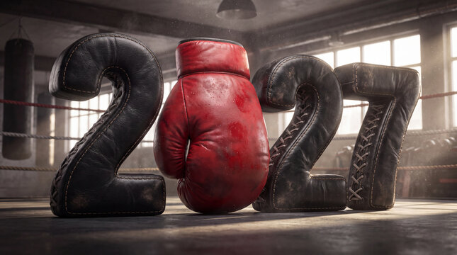 Big numbers two thousand twenty seven crafted from black leather punchbags and a red boxing glove in a dark sunlit warehouse. Powerful fitness motivation, active sports club, New Year.