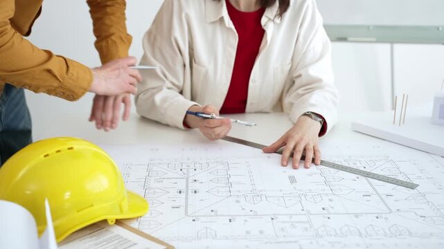 Engineering team collaborating on architectural blueprints, reviewing construction plans, and discussing building design concepts with tools and safety hard hat on table