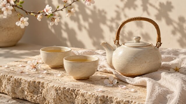 Tetera y tazas tradicionales coreanas con c&aacute;lida luz natural