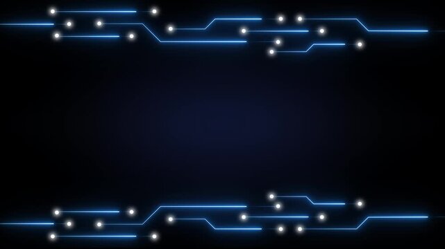 Circuit board lines animation pulses with connecting data dots on dark. High speed computer processor hardware runs circuit board lines. Telemetry routes on the board lines.