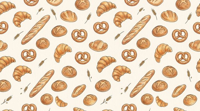Delicious bakery seamless pattern with hand drawn croissants baguettes and pretzels