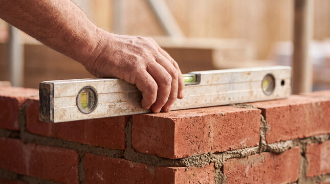 Construction worker using a spirit level to check a brick wall, careful masonry work showing precision and craftsmanship during building and renovation, professional construction work.
