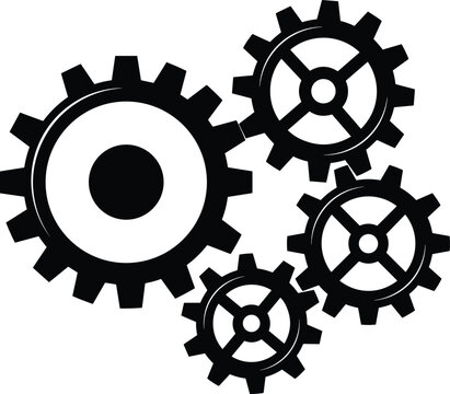 Black gear mechanism silhouette flat vector illustration featuring four interlocking cogwheels representing teamwork, industrial operations, and technical machinery