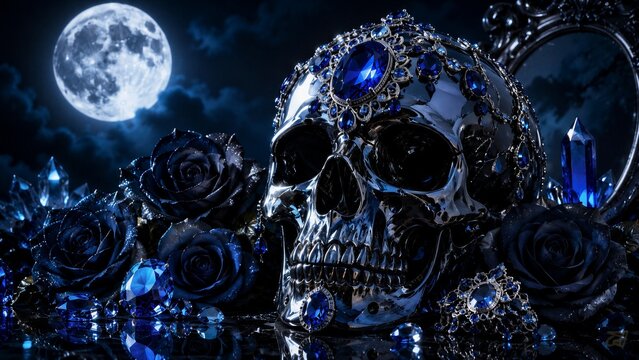 Jeweled skull surrounded by black roses beneath a full moon. Gothic horror glam Halloween still life. Dark fantasy, macabre luxury and vanitas concept. Halloween decor and gothic style.