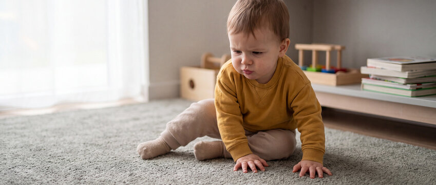 Baby crawling forward on a soft carpet in a sunlit living room, exploring the home through movement and play while building coordination, curiosity and growing independence.