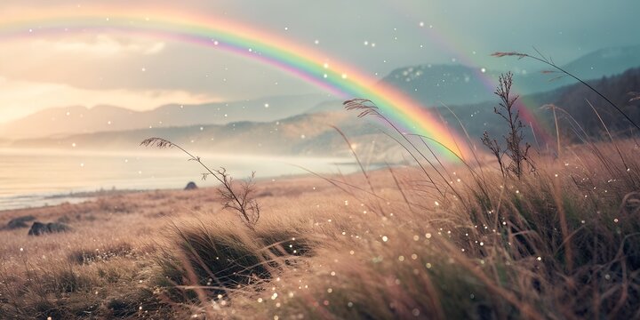 Beautiful vibrant rainbow appearing in the cloudy sky over a scenic rural field at sunset