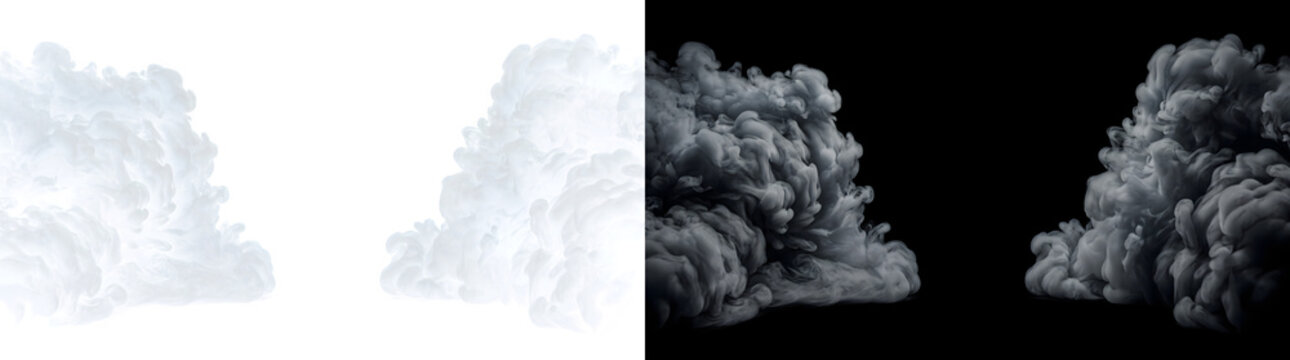 Vertical smoke columns standing tall with cauliflower texture and open space, for split layouts, in PNG Transparent and Black Background Versions