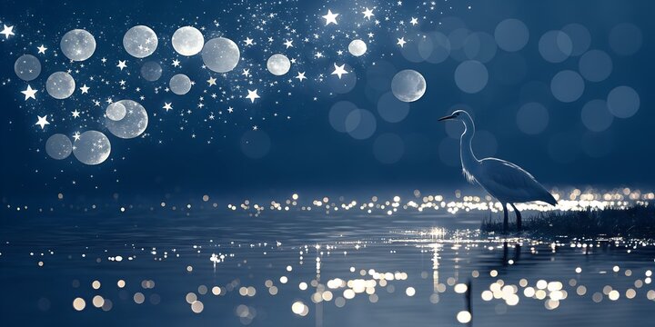 A lonely bird standing on a dark lake shore under a magical night sky with glowing stars and soft bokeh lights