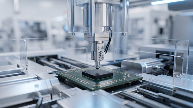 Automated industrial machine assembling semiconductor component with precision to ensure efficient production in modern high tech laboratory