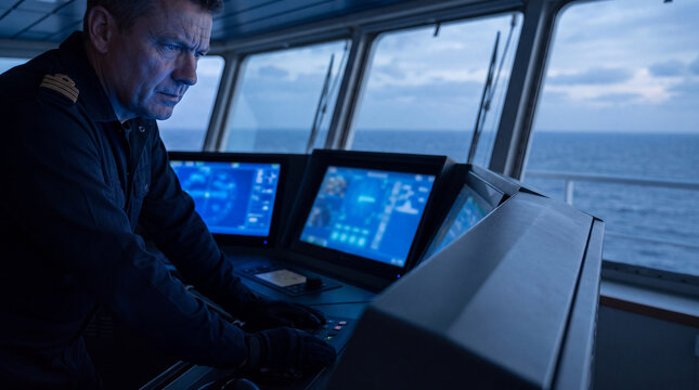 Focused captain navigating monitoring ship maritime duty professional sailor sea ocean bridge