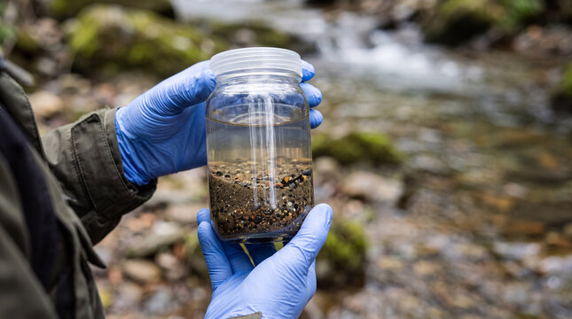 Scientist holding sample jar containing water and sediment during careful environmental research focused on nature conservation