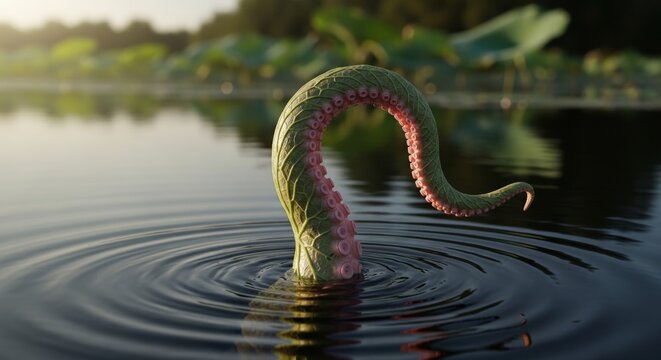 A surreal green leaf tentacle with pink suckers emerges from a calm pond, creating ripples in the water. This bizarre aquatic creature combines plant and animal features in a fantastical nature scene.