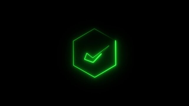 Hexagon badge animation displays an approved task completion checkmark. Quality assurance compliance verification confirms on hexagon badge. Status clearance clears on badge.