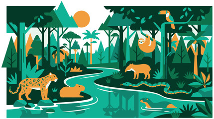 Fototapeta premium Tropical rainforest wildlife vector illustration with jaguar capybara sloth toucan and tapir by jungle river